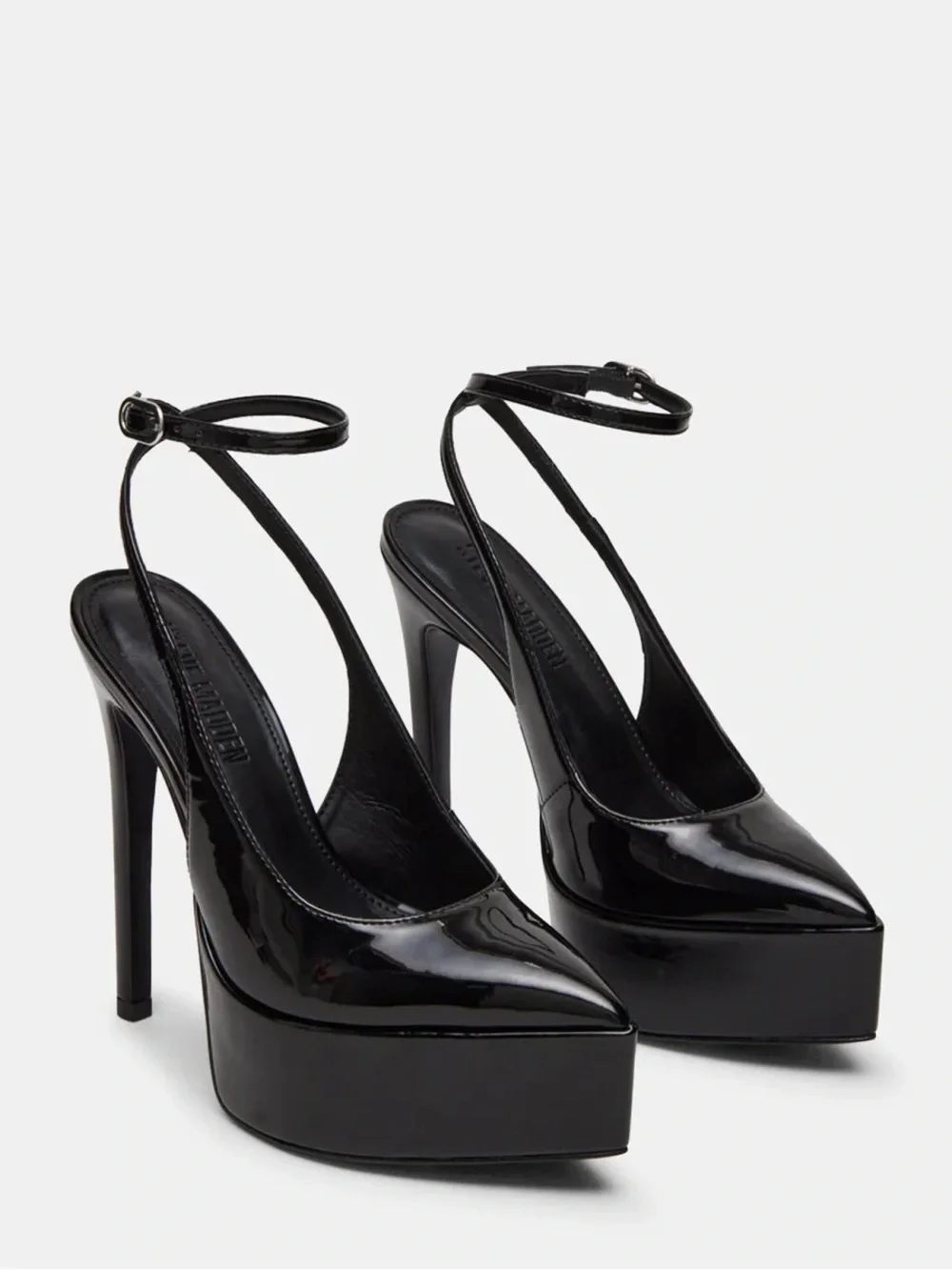 Steve Madden Alamo Black Patent Platform Pointed-Toe Ankle-Strap Pumps-7.5